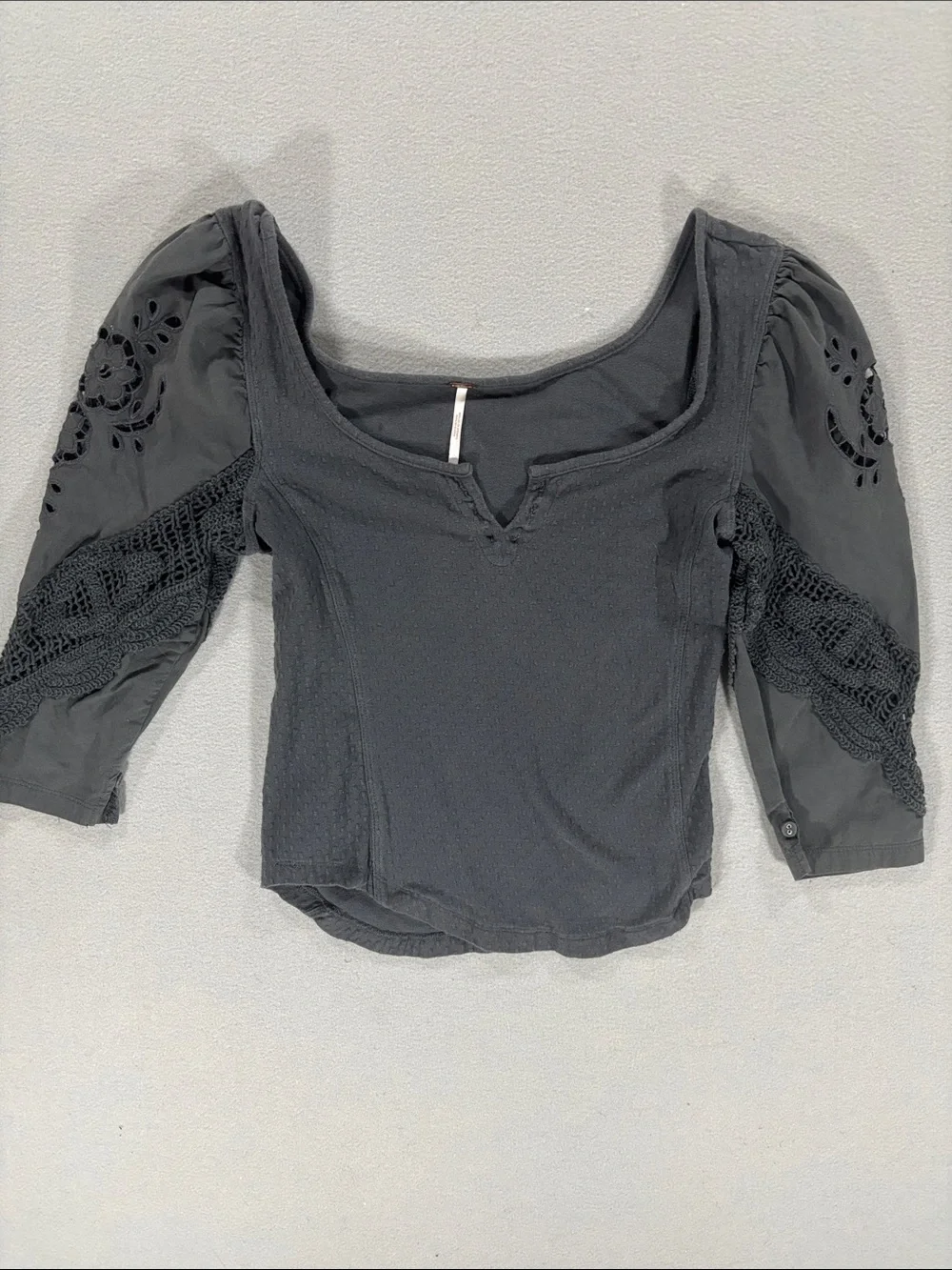 Free People Gray Scoop Neck eyelet Lace Inset sleeves XS